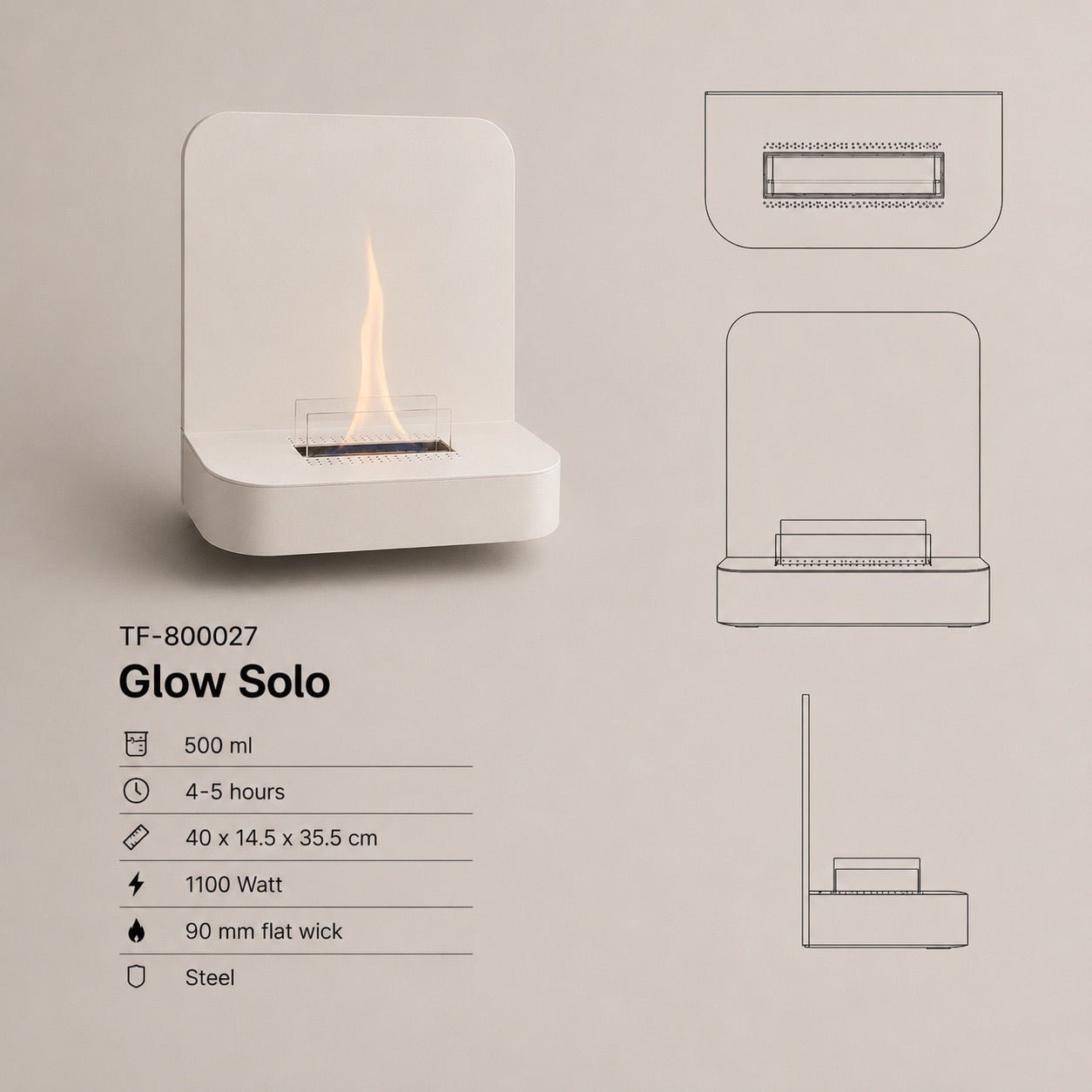 vtwonen tafelhaard Glow Solo 90 - wit - 40 x 14,5 x 35,5 cm - Tenderflame