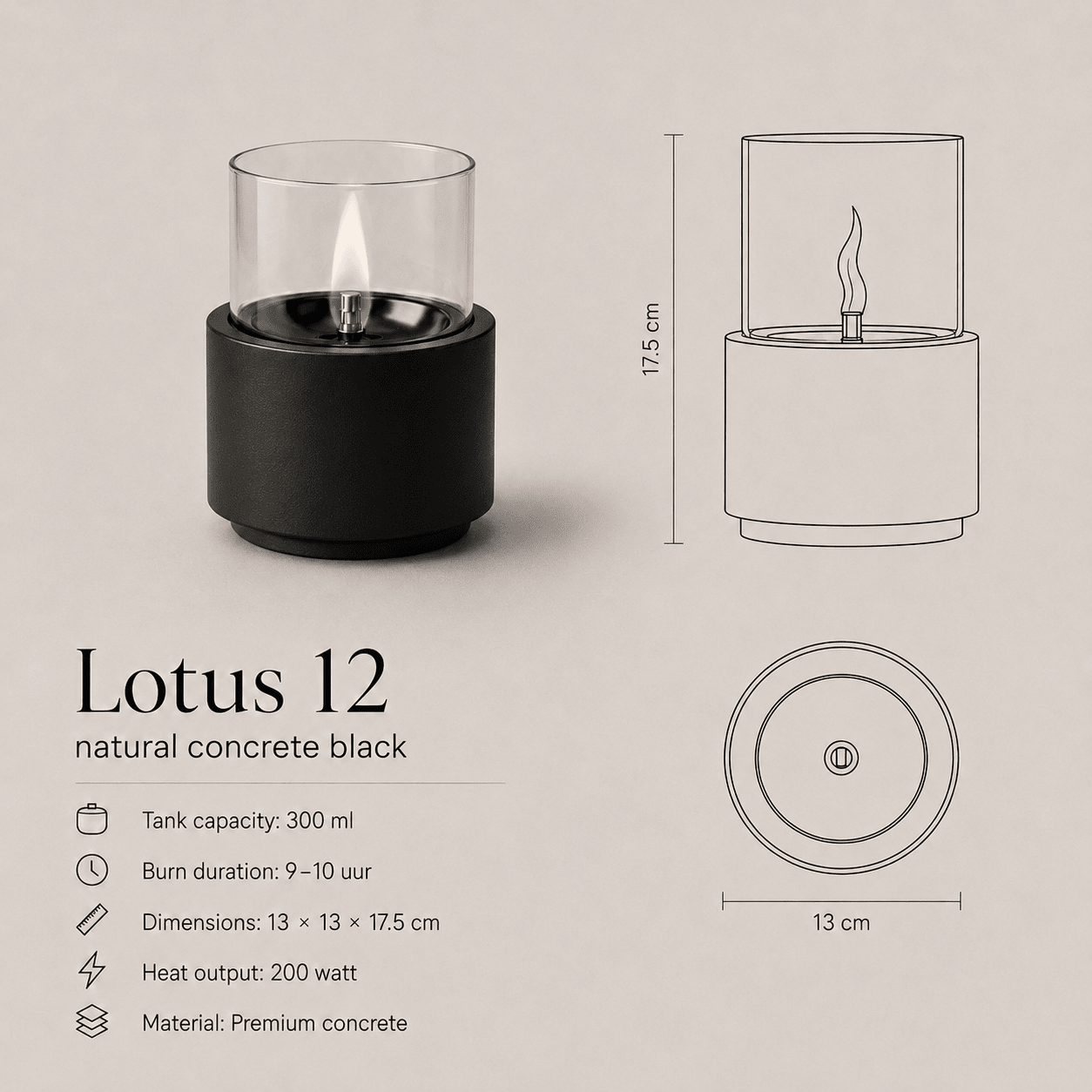 Lotus 12 Natural Concrete Black - Tenderflame