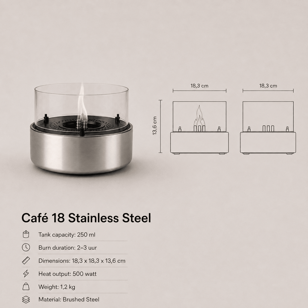 Cafe 18 Stainless Steel Brushed Steel - Tenderflame