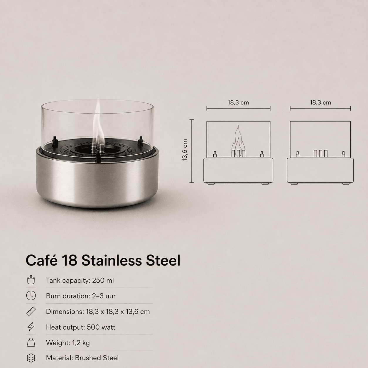 Cafe 18 Stainless Steel Brushed Steel - Tenderflame