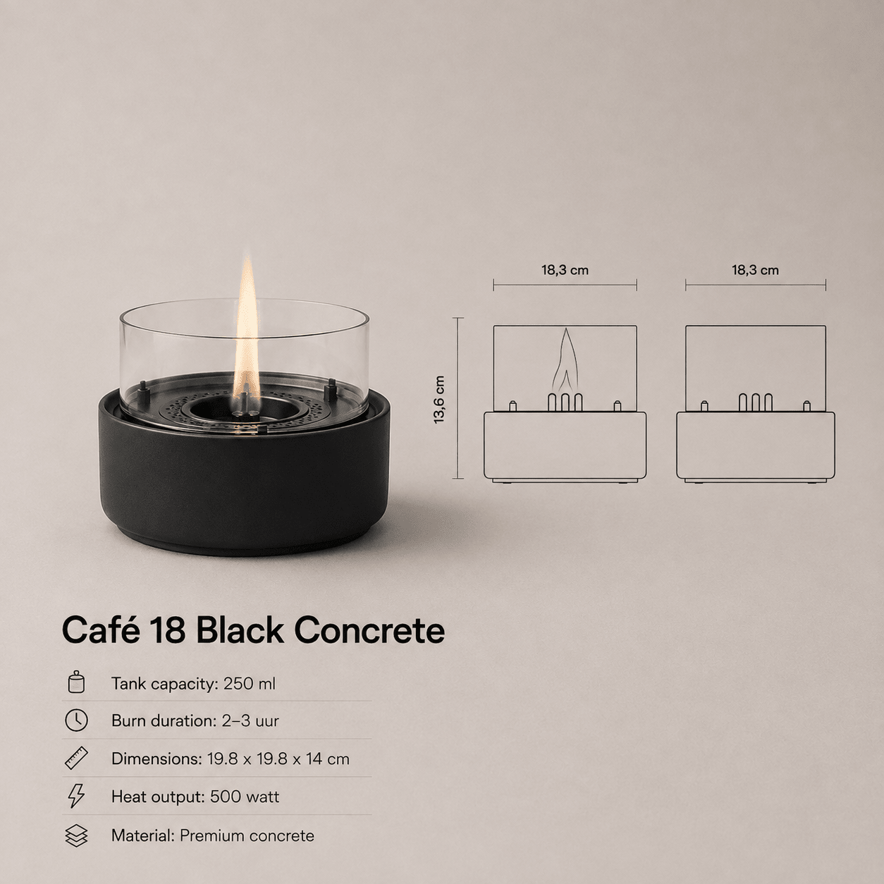 Café 18 Natural Concrete Black - Tenderflame