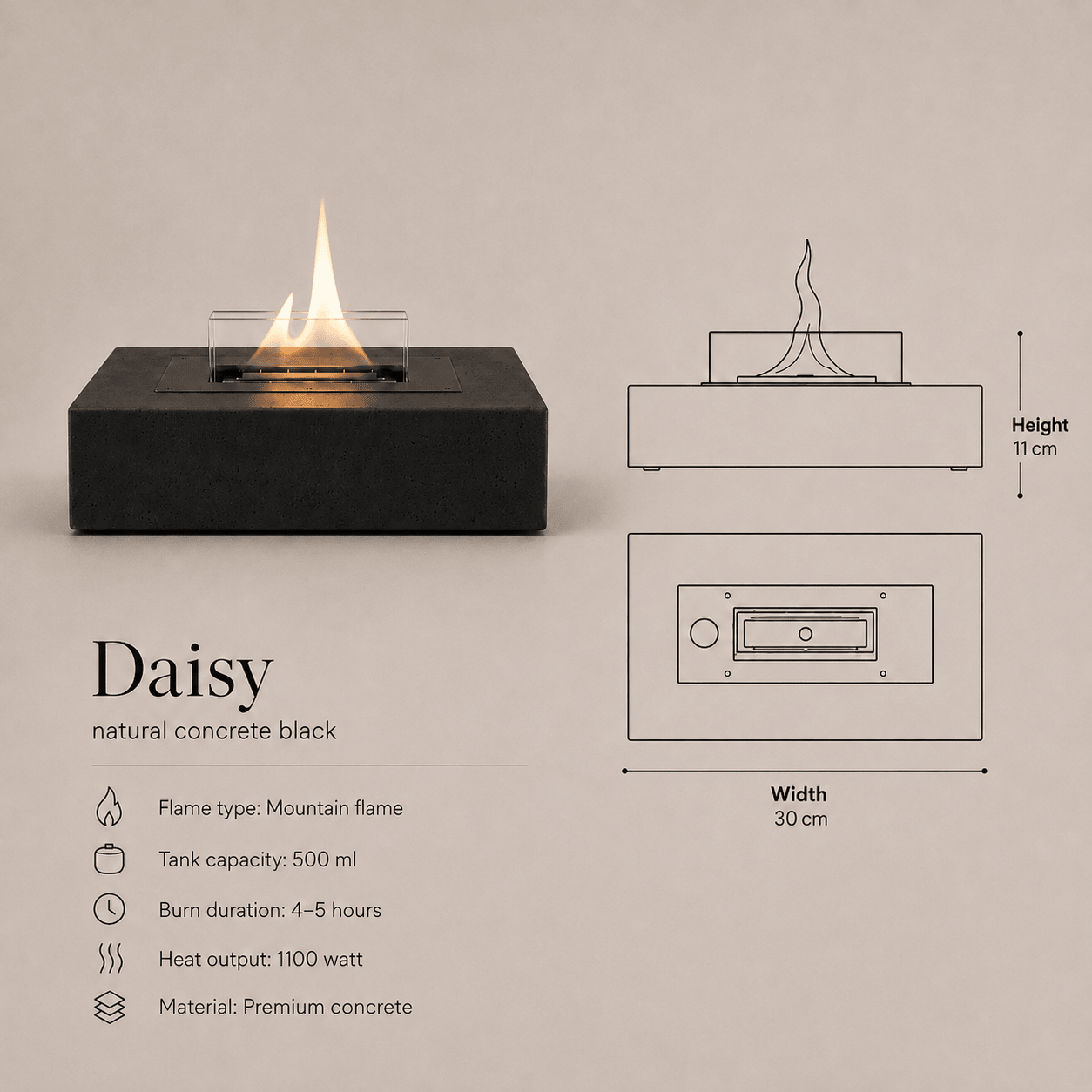 Daisy Natural Concrete Black - Tenderflame