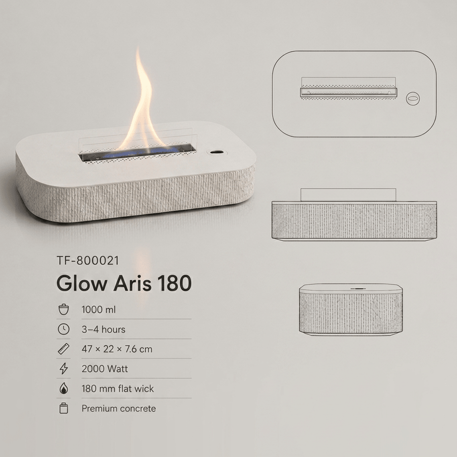 vtwonen tafelhaard Glow Aris 180 - wit - 47 x 22 x 7,6 cm - Tenderflame
