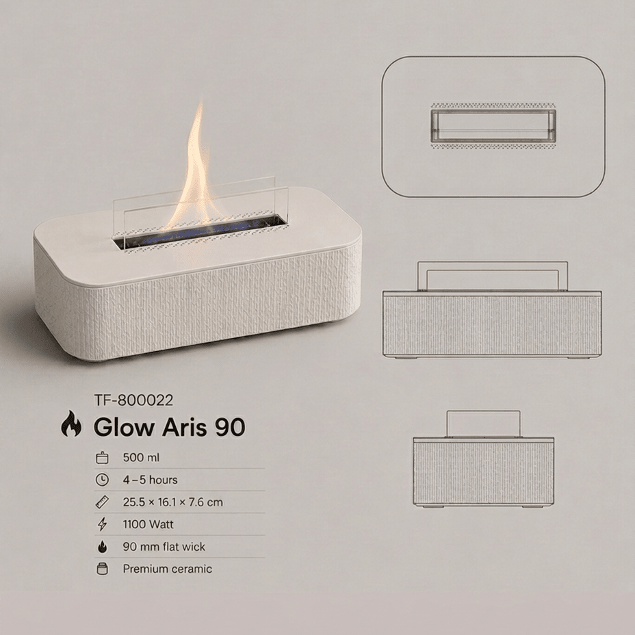 vtwonen tafelhaard Glow Aris 90 - wit - 25,5 x 16,1 x 7,6 cm - Tenderflame